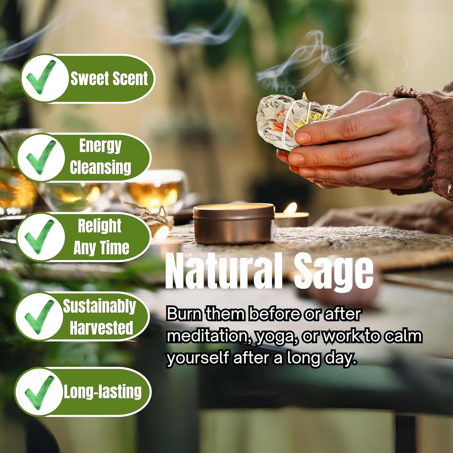 Ancient Veda Joy Organic White Sage Smudge Sticks with Flowers for Cleansing Home, Meditation, Yoga, Healing and Smudging | Sustainably Sourced California White Sage Bundles (1 Pack - 9 Inch)