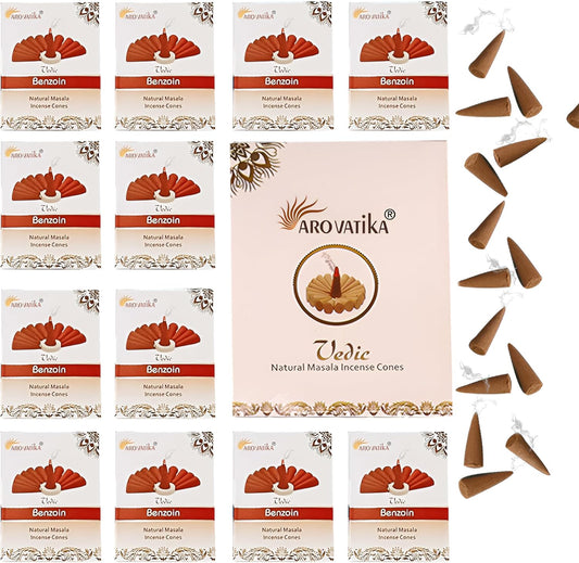 ARO VATIKA Vedic Benzoin Natural Masala 120 Incense Cones in Pack of 12 Boxes | Environment-Friendly Dhoop | Best for Prayer, Reiki, Meditation & Relaxation | Burn time- 25 mins