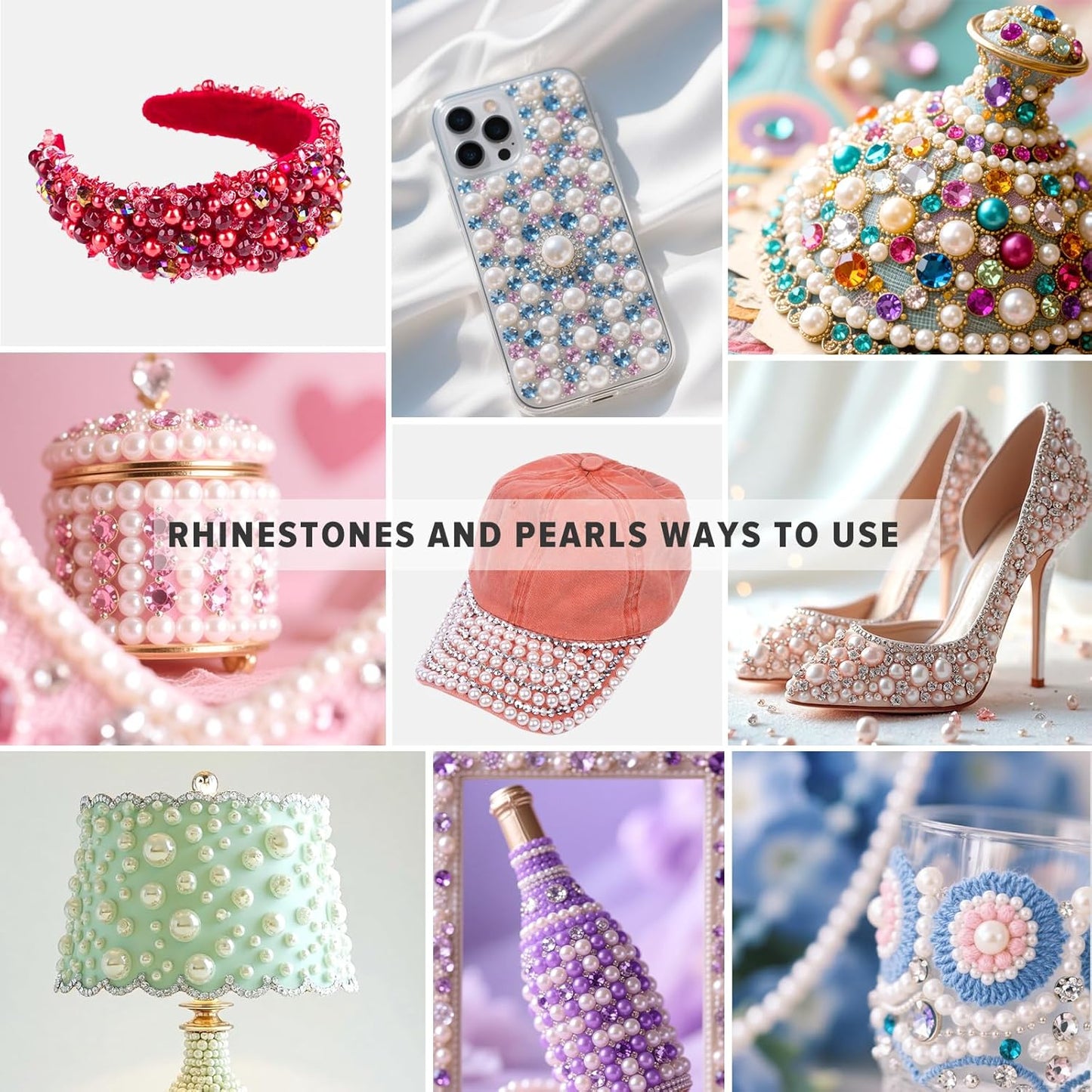 80g Mix Flatback Pearls and Rhinestones for Crafts Pink White Mixed Size 2mm-10mm Half Round Pearls Rhinestones for Nail Art Tumblers Shoes DIY Bedazzling with Tweezers Wax Pen