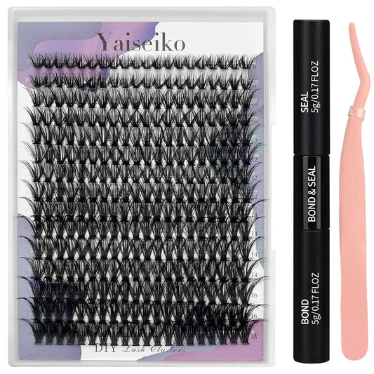 Lash Extension Kit 50D Fluffy Cluster Eyelash Extensions Kit 300 Pcs DIY Individual Lashes Kit with Lash Bond and Seal and Lashes Tweezers 8-16mm Mix D Curl Wispy False Eyelashes Pack, by Yaiseiko