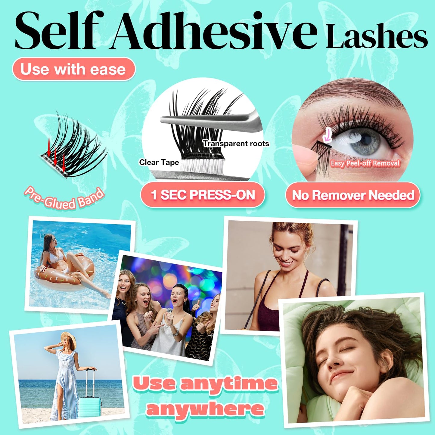 No Glue Needed Lashes, Self Adhesive Eyelashes, DIY Lash Eyelash Extensions Kit 10‑18mm,100pcs Fluffy D Curl Soft Natural Lashes with Tweezers–Fake Cat Eye Wispy Individual Clusters NG2031-1