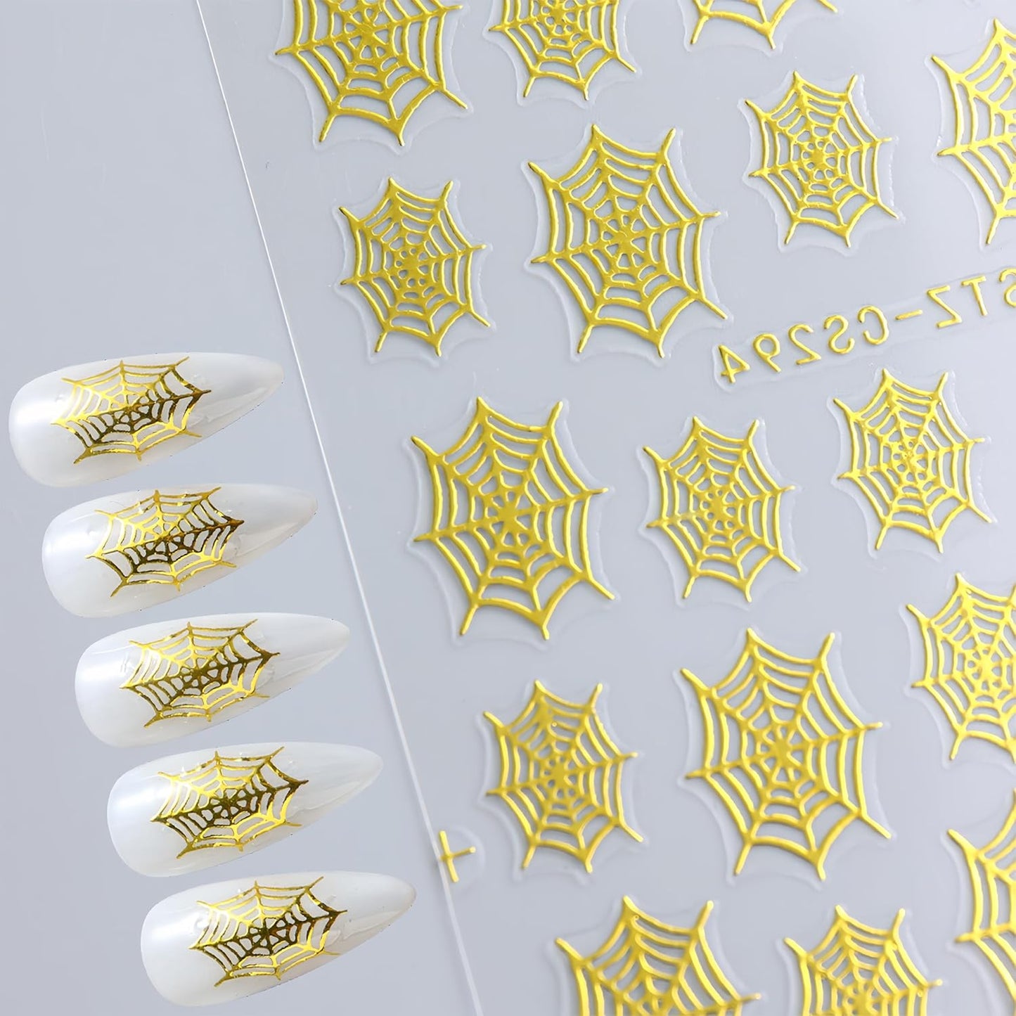 8 Sheets Halloween Nail Art Stickers Gold Silver Black Spider Web Nail Decals with Glitter Designs Nail Stickers 3D Self-Adhesive Spider Nail Supplies Horror Blood Drop Nail Decoration