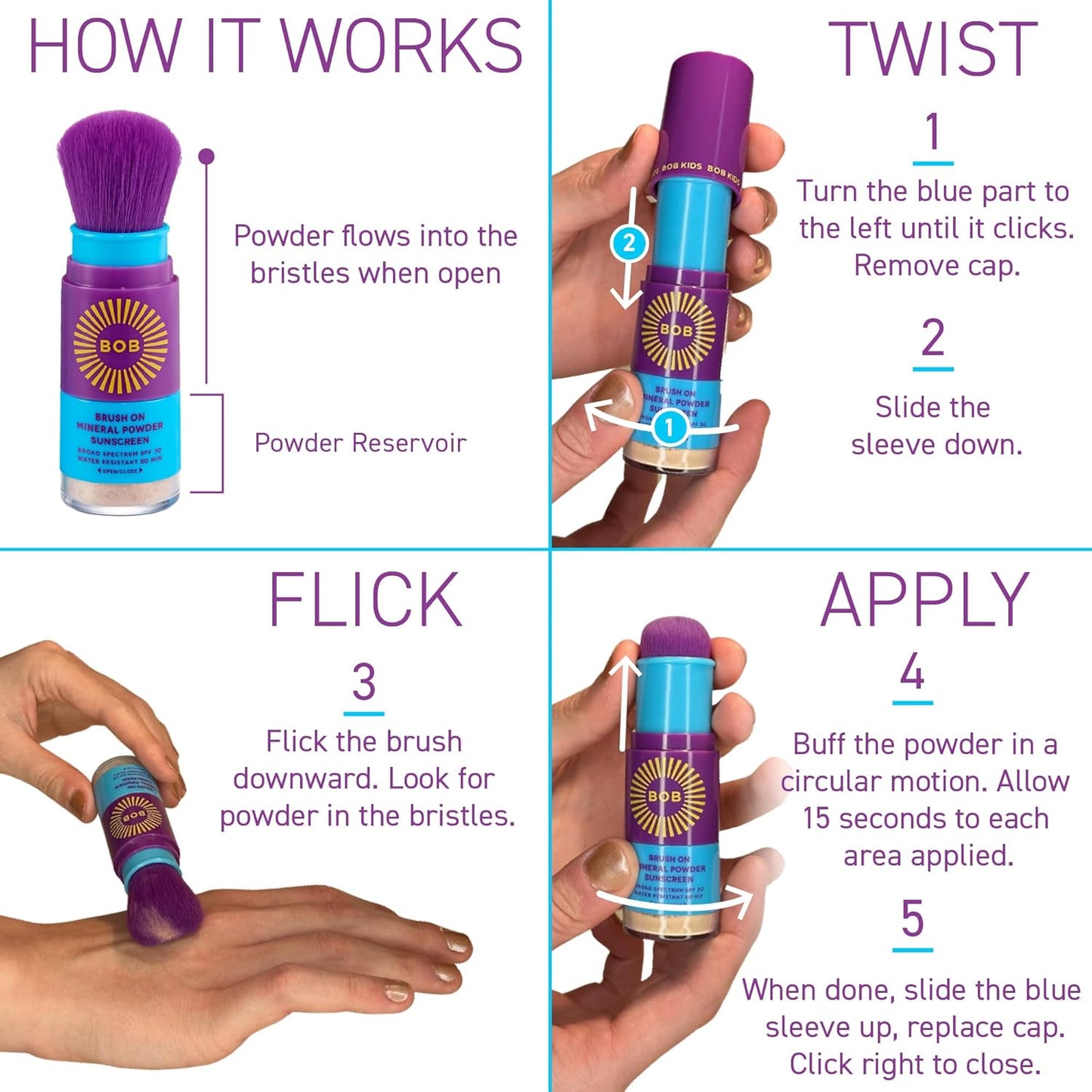 BOB KIDS SPF 30 Brush On Mineral Powder Sunscreen, Broad Spectrum Protection, Water Resistant 80 Mins, Fragrance Free, Easy to Apply for Kids & Babies, Mfg in USA, 2-Pack