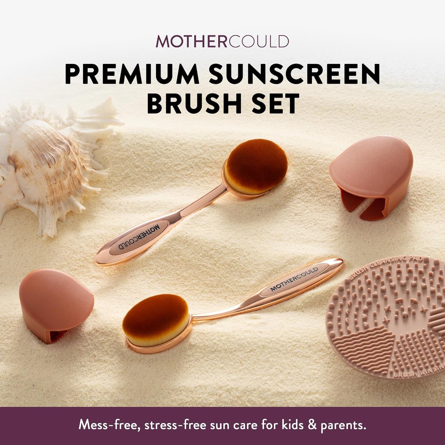 Premium Sunscreen Brush Set – Kids & Baby Sunblock Applicator with Metal Handles, Travel Bag, 2 Brushes, 2 Caps, & Cleaning Mat – Rose Gold – Mess-Free Sun Care (2 Pack) (Rose Gold)