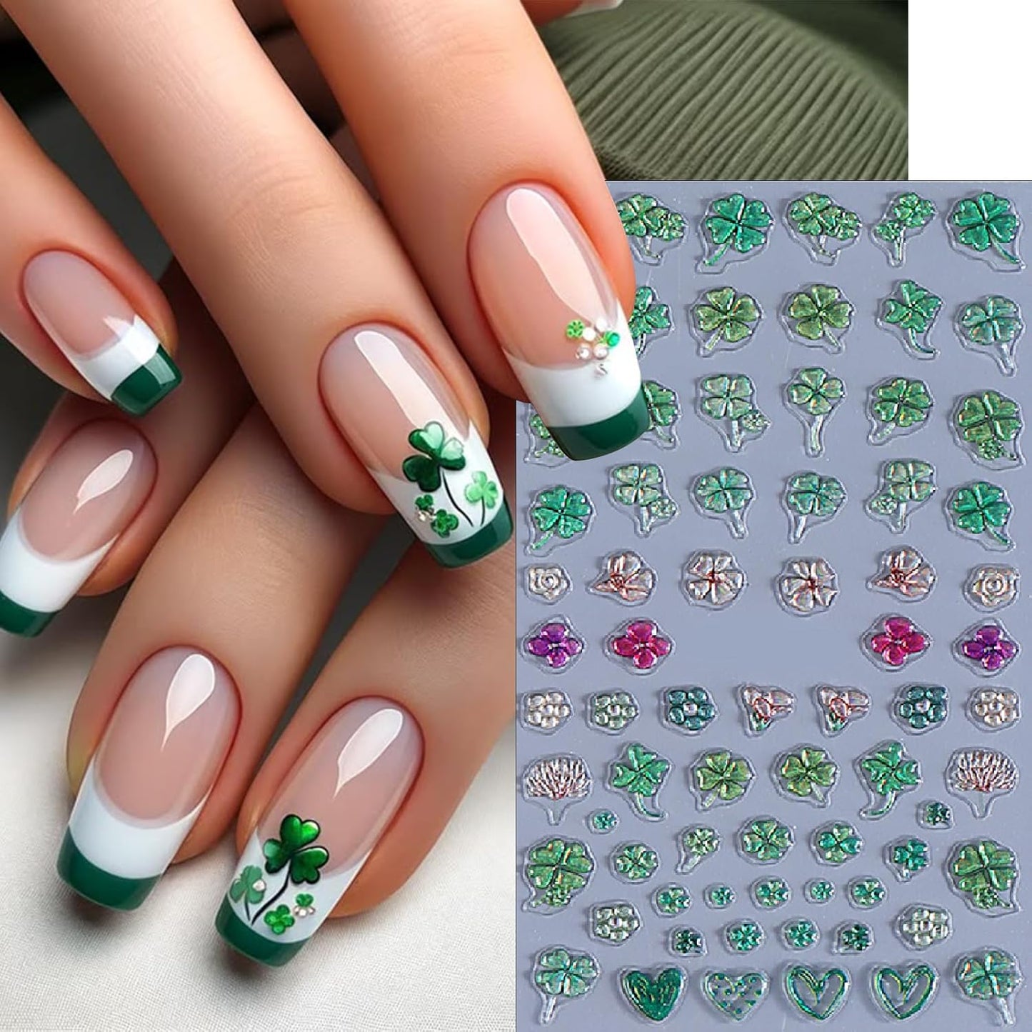 2 Sheets Irish Four-Leaf Clover Nail Art Stickers St. Patrick's 5D Self-Adhesive Embossed Green Shamrock Nail Decals Design Lucky of Irish Spring Leaf Nail Supplies for Women Nail Decoration