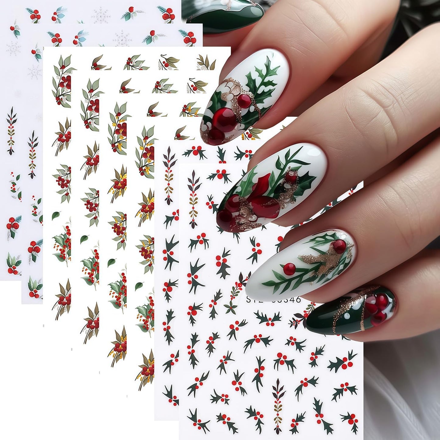 8 Sheets Christmas Nail Stickers for Nail Art, Christmas Holiday Holly Leaves Nail Decals Design 3D Self-Adhesive Winter Leaves Nail Art Stickers Supplies for Women Holiday DIY Manicure Decoration