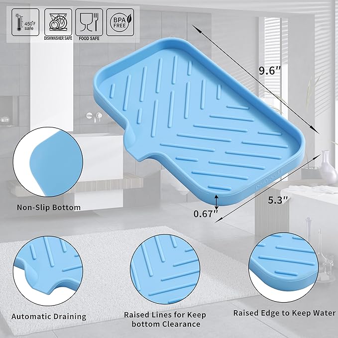 Silicone Bathroom Soap Dishes with Drain Spout-Bathroom and Kitchen Sink Organizer,Sponge Holder,Dish Soap Tray,Perfect for Dispenser,Scrubber,Bottle on Sink or Counter-Light Blue 9.6"×5.3"