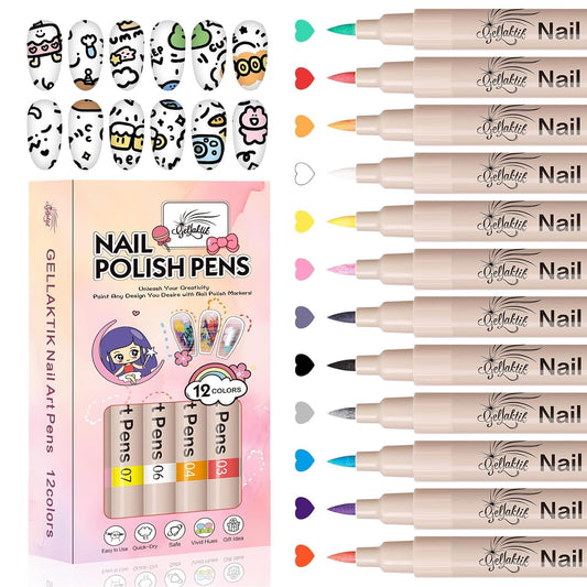 12 Colors Nail Art Pens Set, 3D Nail Polish Pens Quick-Drying Acrylic Paint Markers, Dotting Liner Brush for DIY Nail Design, Home & Salon Manicure Tools