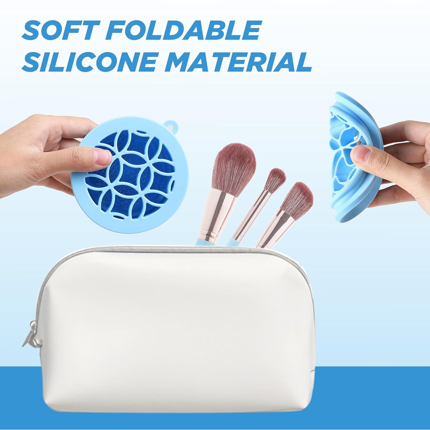 Makeup Brush Cleaner - Foldable Silicone Makeup Brush Cleaner Mat with Brush Storage Holder Makeup Brush Cleaning Bowl Cosmetic Brush Washing Tool for Cleaning Organizer and Drying (Blue)