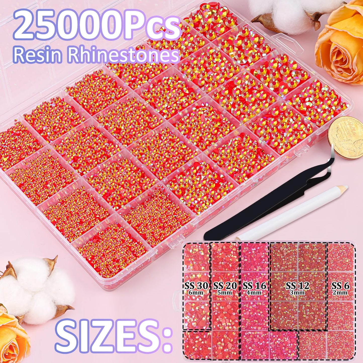 25000Pcs Resin Jelly Rhinestones for Crafting, Red AB 2-6mm Mixed Sizes Non Hotfix Flatback Gems, Bedazzling Crystal for DIY Crafts Clothing Tumblers Mugs Shoes Fabric Nail Art