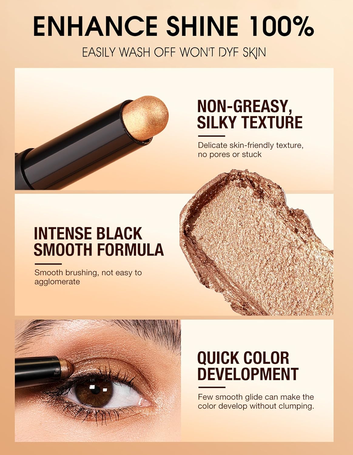 Erinde Shimmer Cream Eyeshadow Stick, Long Lasting Metallic Eye Shadow Sticks, Waterproof Creamy Glitter Eyeshadow Pencil, High Pigmented Blendable Neutral Eye Makeup, 24 Midnight Black Shimmer