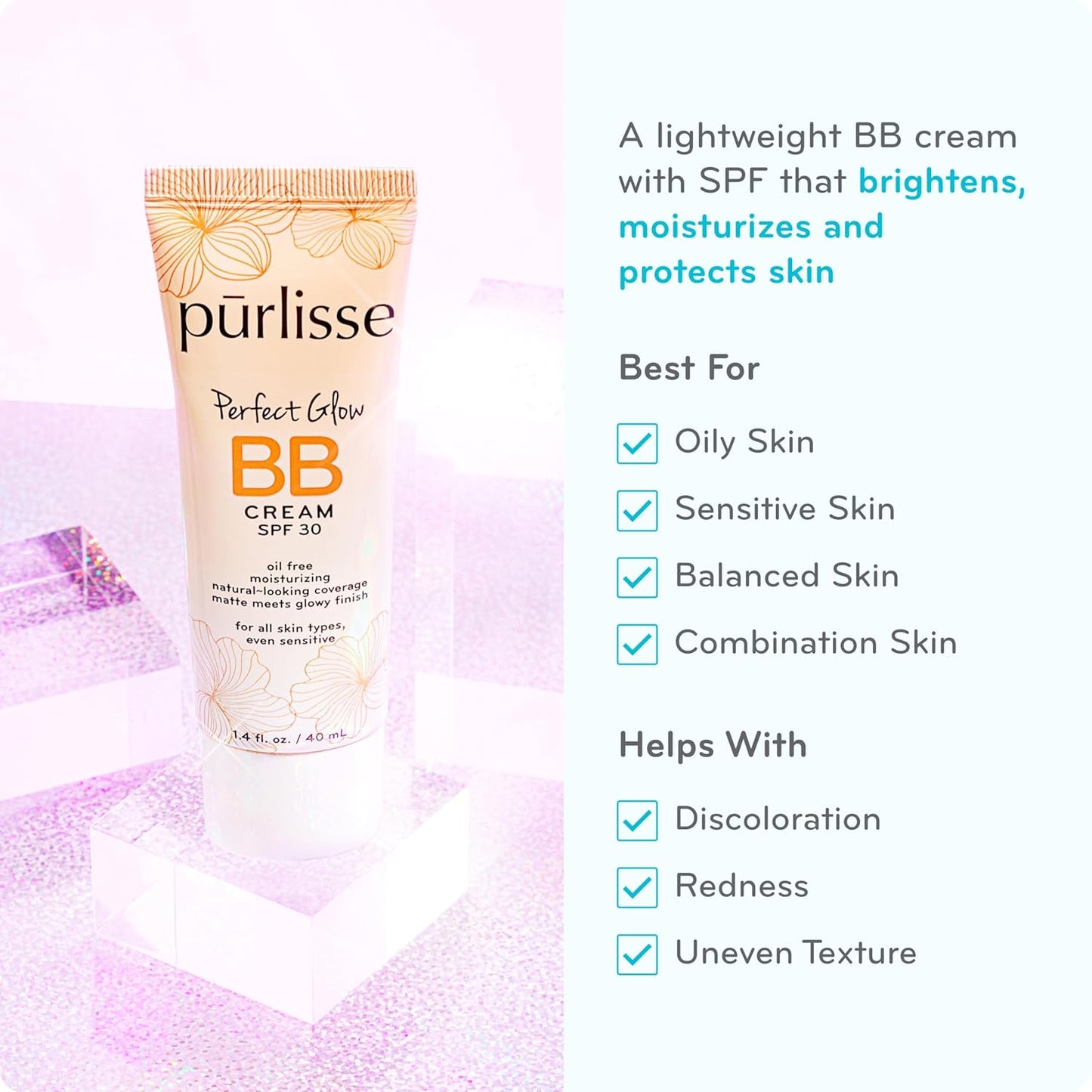pūrlisse Perfect Glow BB Cream with SPF 30 - Matte Meets Dewy Finish - Enriched with Goji & Hawthorn Berry to Help Improve Skin Texture & Radiance - Medium (1.4 oz)