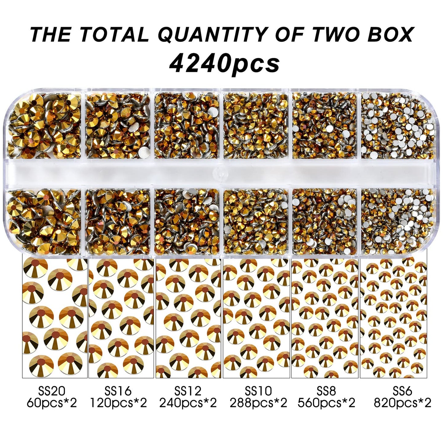 4240Pcs Gold Flatback Rhinestones 6 Sizes Crystal Diamonds for Nail Art Crafts Clothes Shoes with Tweezers and Picking Pen