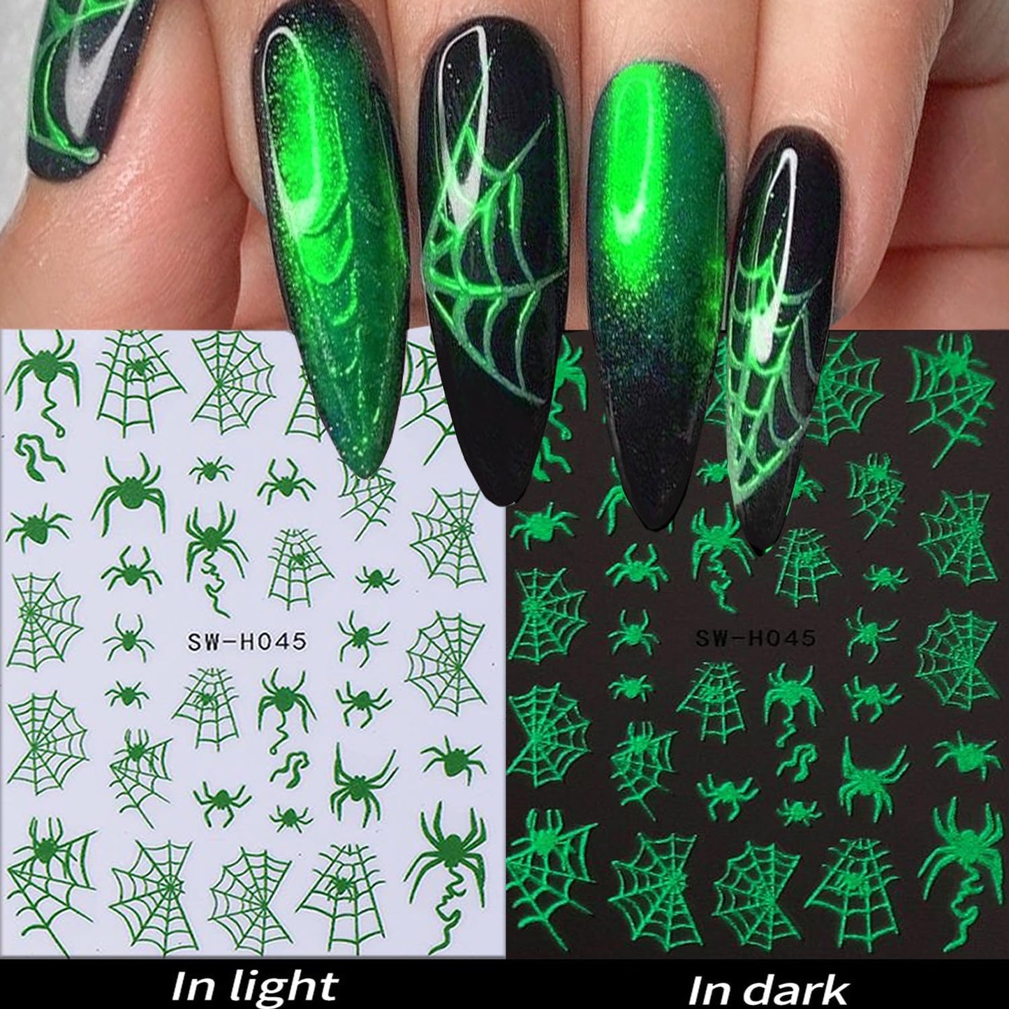 6 Sheets Halloween Nail Art Stickers 3D Self -Adhesive Luminous Skeleton Head and Hand Nail Decals Holographic Spider Web Snake Nail Stickers Halloween Nail Decoration for Women Manicure Supplies