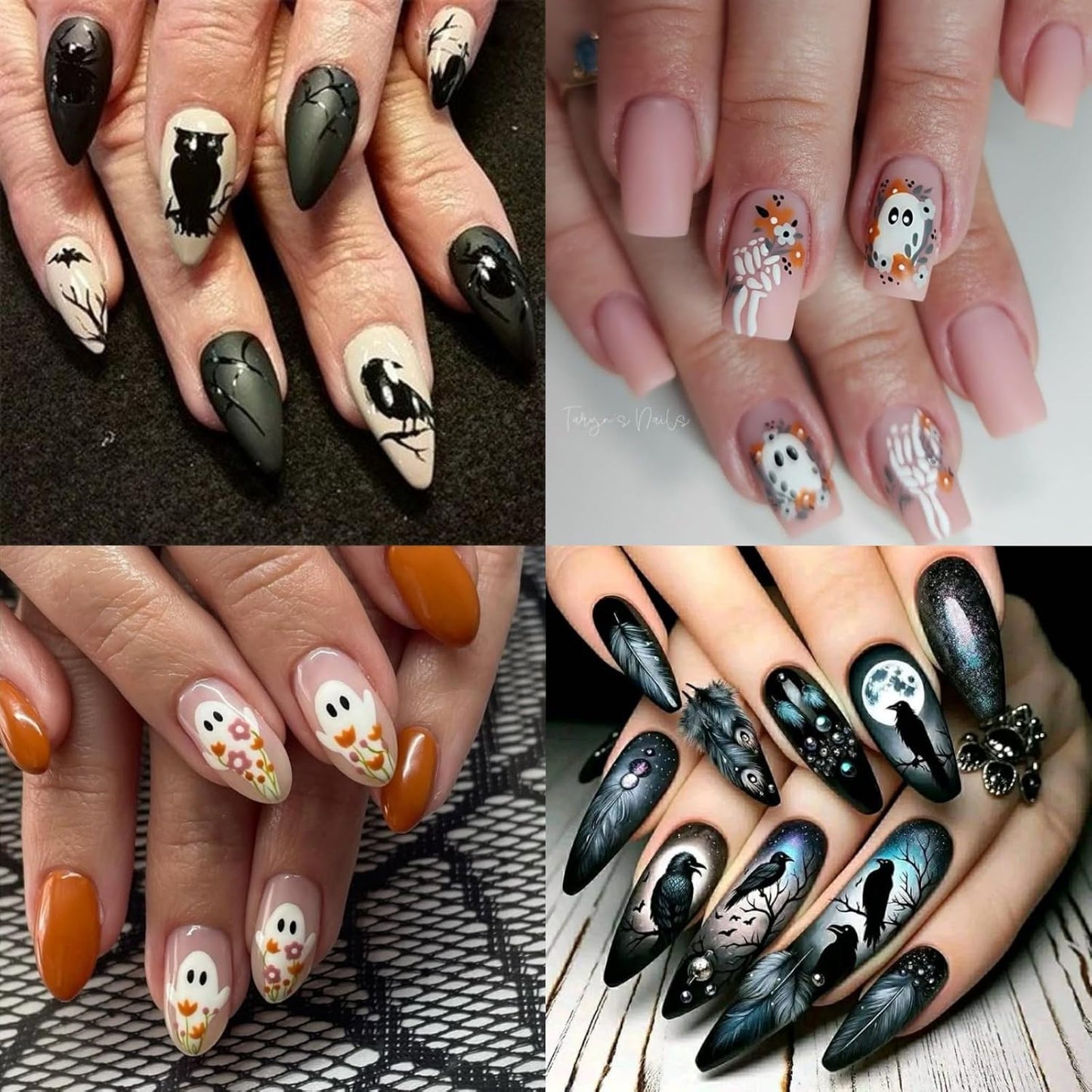 2 Sheets Halloween Nail Art Stickers Decals 5D Embossed Skeleton Rose Nail Decals Black Birds White Ghost Flower Skull Rose Design Halloween Nail Stickers Manicure Accessories for Women Nail Art Decor