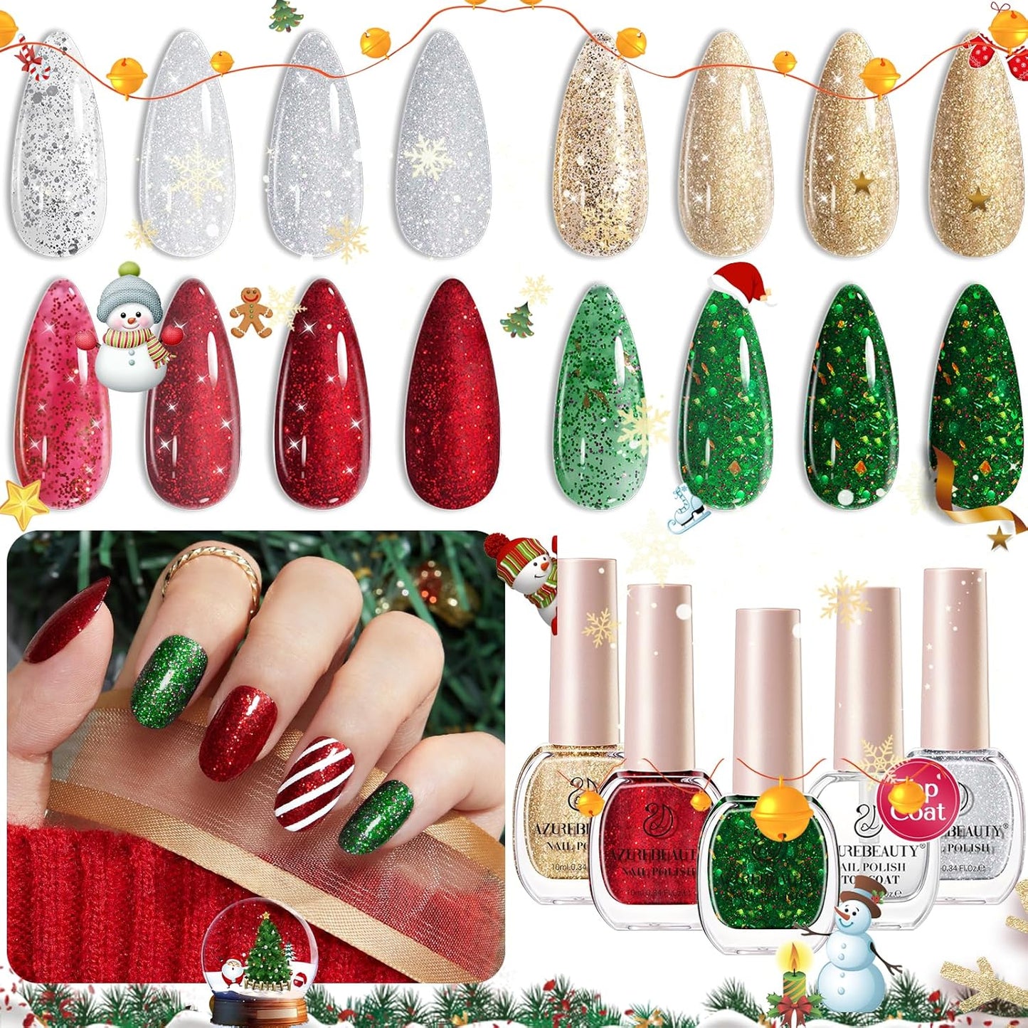AZUREBEAUTY Nail Polish Set, 4 Colors Christmas Glitter Red Green Gold Silver Quick Dry Natural Fingernail Lacquer Strengthening Treatment Kit with Top Coat DIY Salon at Home