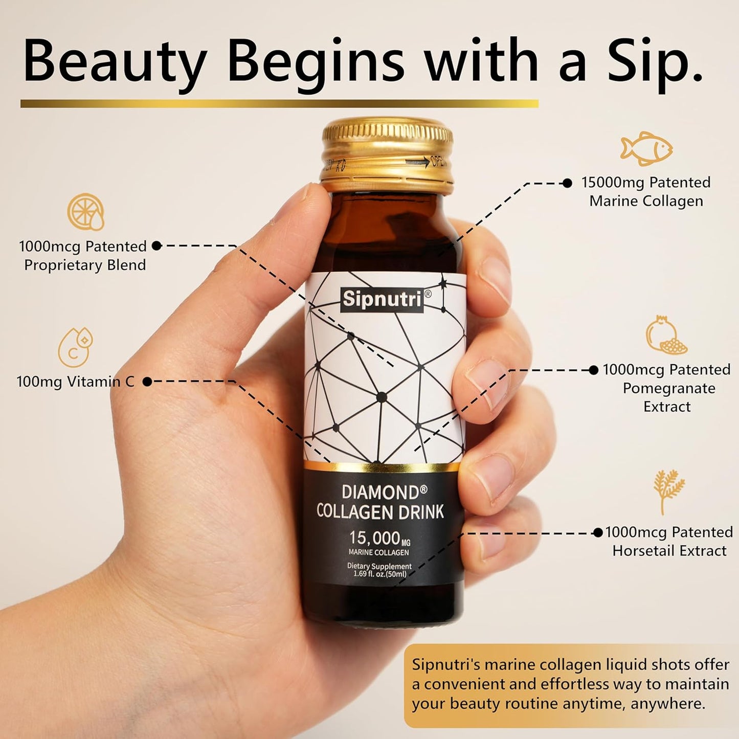 Diamond Liquid Collagen Drink, 15000 mg Hydrolyzed Marine Collagen Peptides with Vitamin C, Pomegranate, Healthy Hair Skin Nails Joints Bones Support, 50 ml x 10 Bottles (3 Boxes)