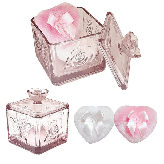 Body Powder Puff and Container - Glass Dusting Powder Container with 2 Soft Puffs – Vintage Powder Puff Case for Women & Girls (3.74x3.74x4.53 H IN)- GRB013-Pink