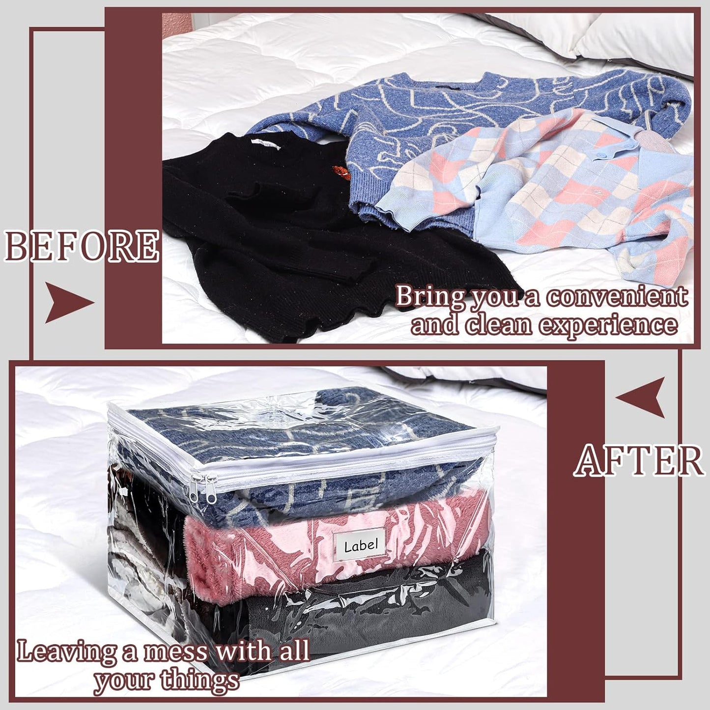 Hoolerry 6 Pieces Sweater Storage Bags Plastic Clear PVC Clothes Storage Bags with Zipper and Label for Blankets Clothes Closet Quilt Pillow Bed Sheet Organizer(12 x 12 x 12 Inch)