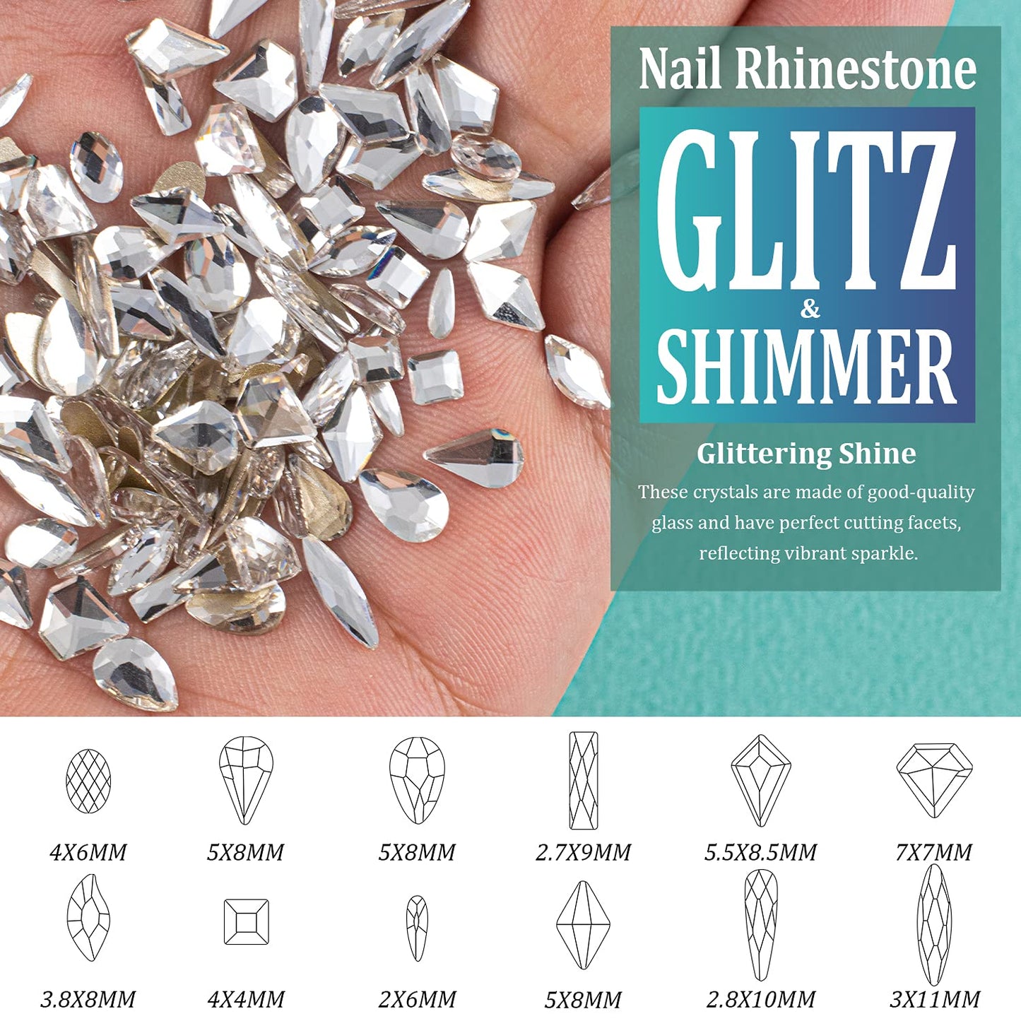 Multi Shapes Transparent White 3D Glass Crystal Nail Art Rhinestones Kit with Flatback Round Bead Charm Gem Stone Jewelry Diamond with Pickup Pen + Tweezer for Manicure Makeup DIY Craft Decoration