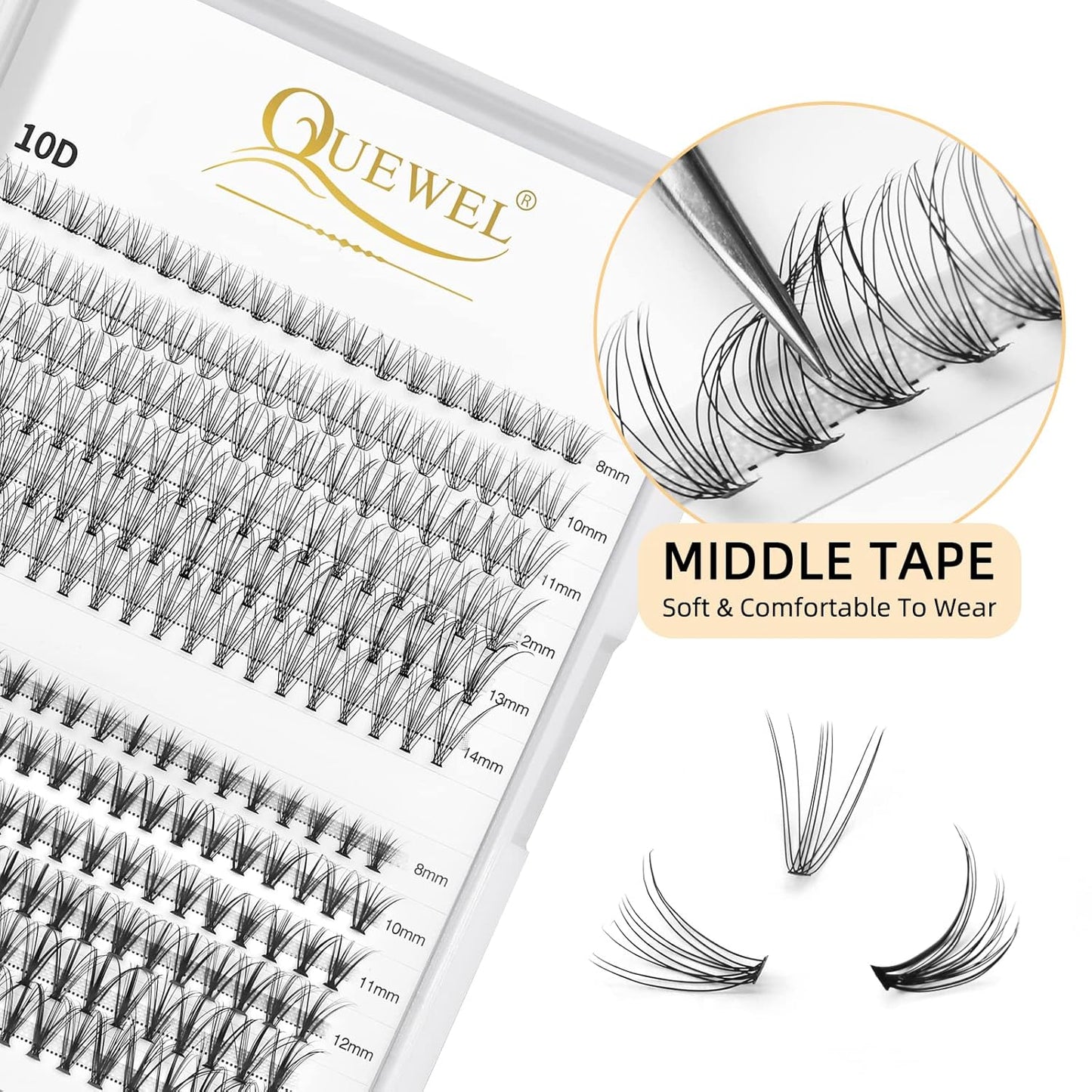 QUEWEL Cluster Lashes 240Pcs 10D+20D D Curl Mix8-14mm Lash Extensions Soft&Natural False Eyelashes Individual DIY Eyelash Extension at Home(10D+20D D MIX8-14)