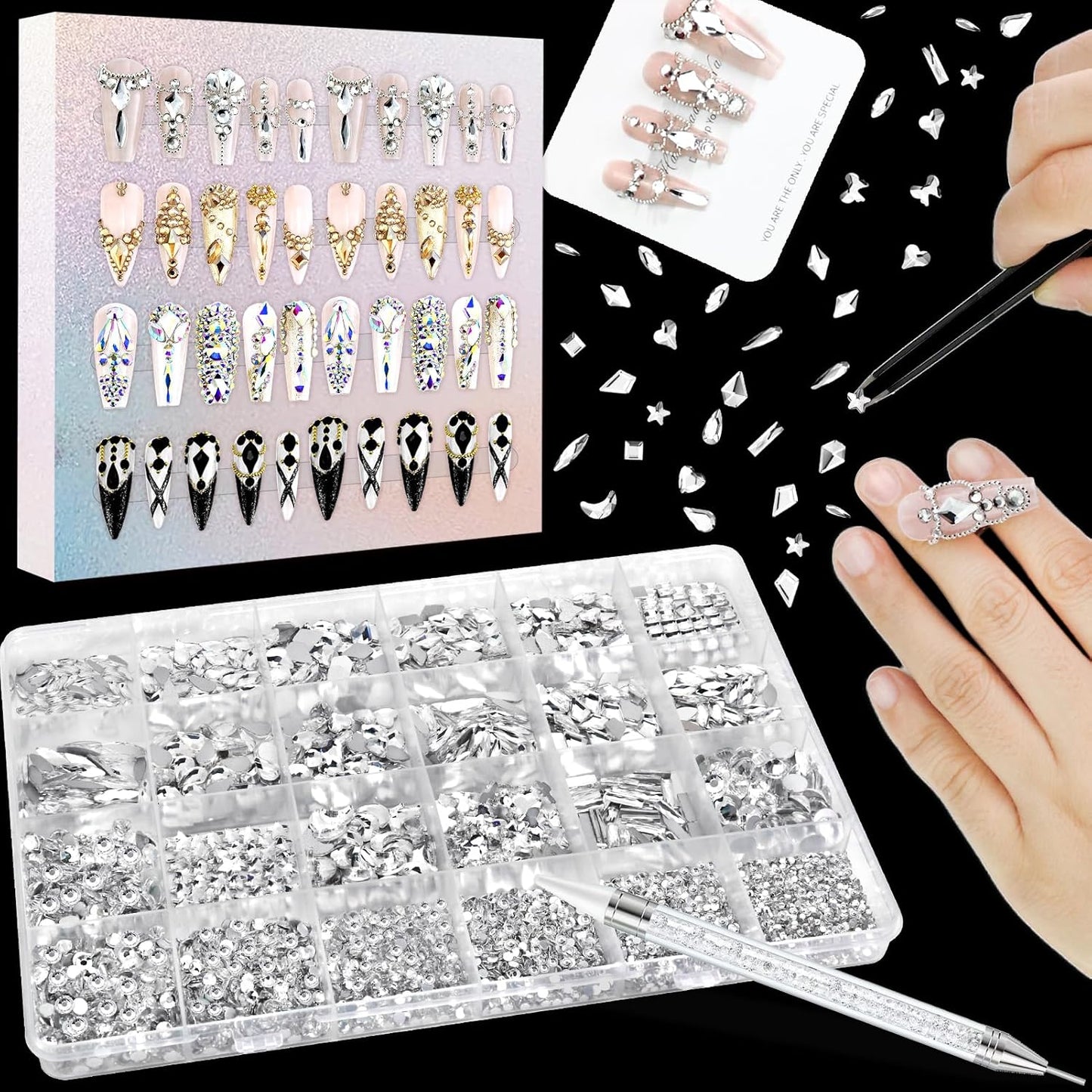 Dowarm 6000PCS Crystal Clear Nail Rhinestones, 16 Types of 800PCS Special-Shaped Diamonds+5200PCS Flatback Rhinestones, 3D Crystal Glass Gemstones for Nail Crafts Decoration, White Gem Stones Charm