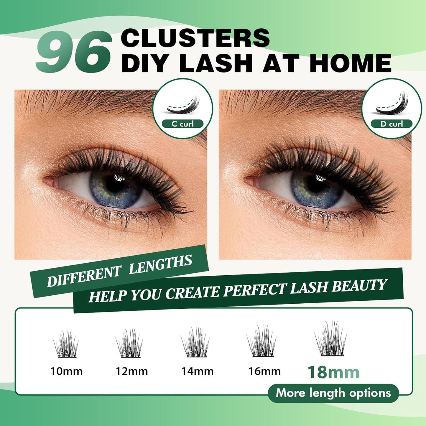 Lash Clusters 96pcs Individual Lashes D Curl 10mm Eyelash Clusters KEYYOU Volume Wispy Lash Extension Soft&Comfortable Easy DIY at Home(Y15,D-10mm)