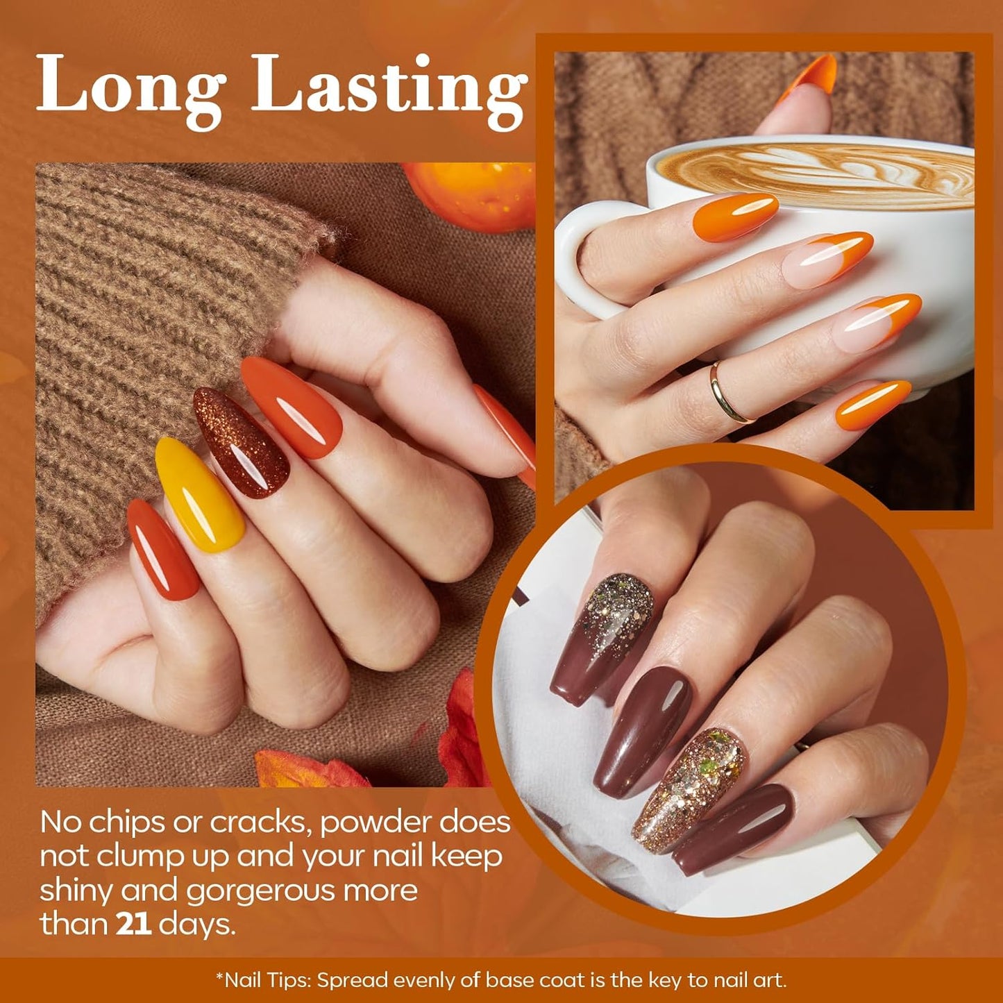 AZUREBEAUTY Dip Powder Nail Kit Starter, Fall Winter Yellow Orange Brown Glitter 12 Pcs 4 Colors Acrylic Dip Powder Liquid Set with Base/Top Coat Activator for French Nail Art Manicure DIY Gift