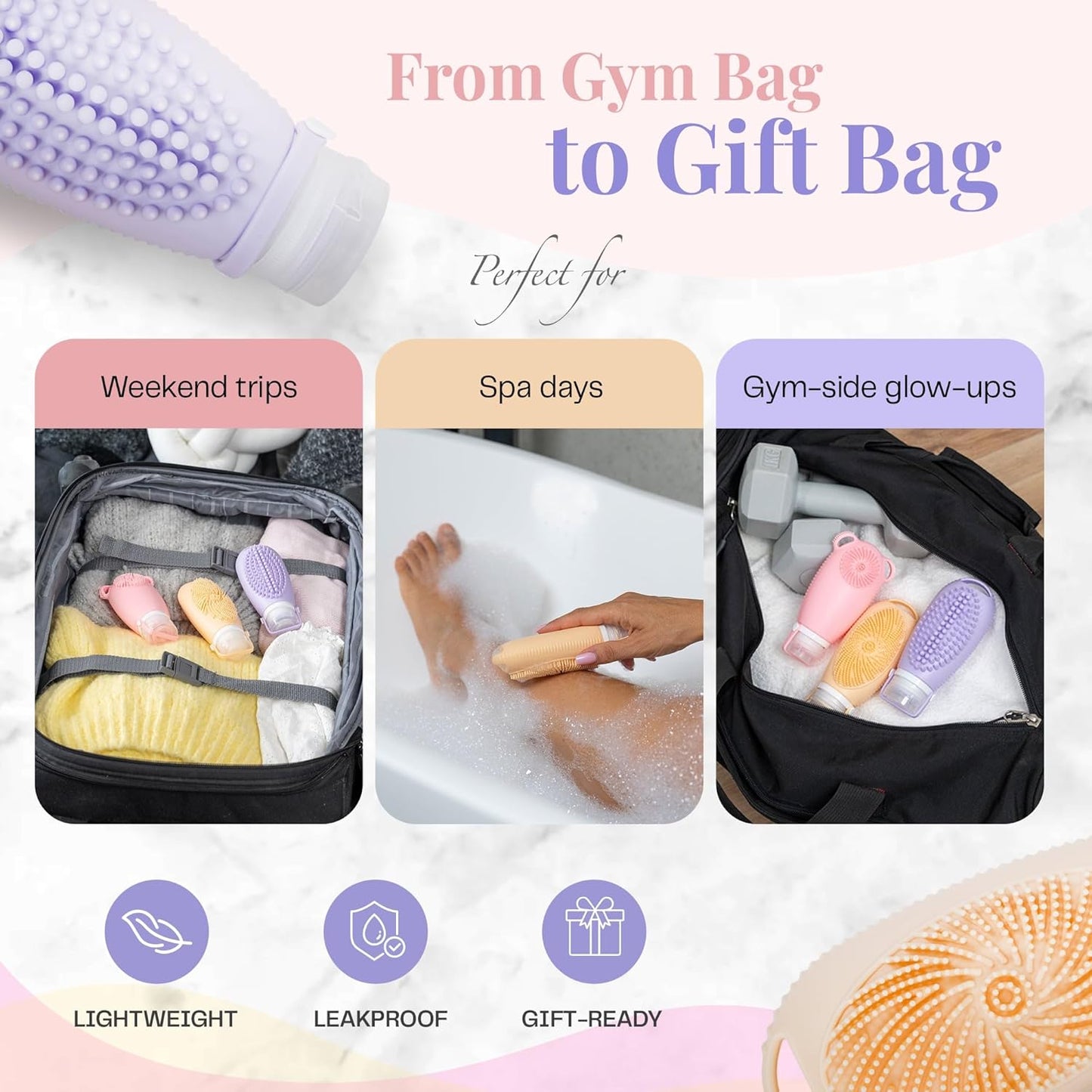 Sumina Silicone Travel Bottles 3 Pack (3.4oz) – TSA-Approved Leak-Proof Toiletry Containers with 2-in-1 Built-In Exfoliating Scrubber – Refillable for Travel, Gym & Skincare