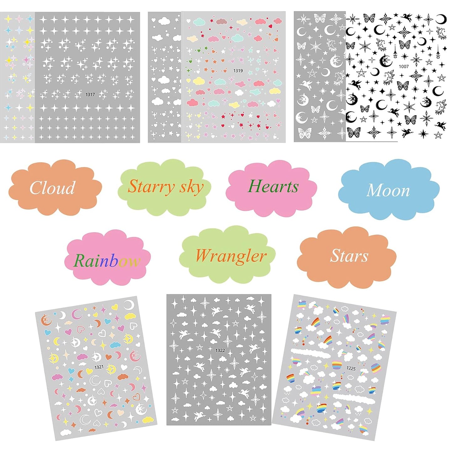 9 Large Sheets Starry Sky Star Cloud Wrangler Moon Rainbow Heart Nail Art Stickers for Women Girls Kids-3D Self Adhesive Star and Sky Series Nail Decals for Natural Fingernails and Acrylic Nail Decor