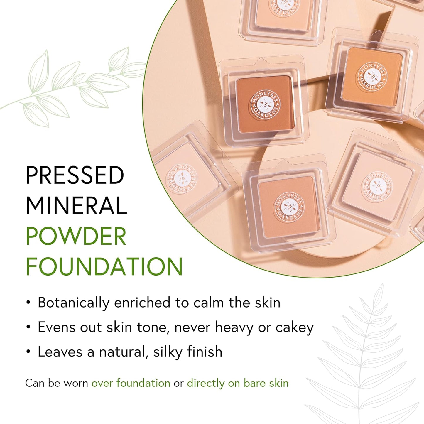 Honeybee Gardens Pressed Mineral Powder Foundation Refill, Montego, Warm Tan Neutral Shade, Adjustable Coverage, Natural Finish, With Botanical Extracts And Vitamin E, 7.5g