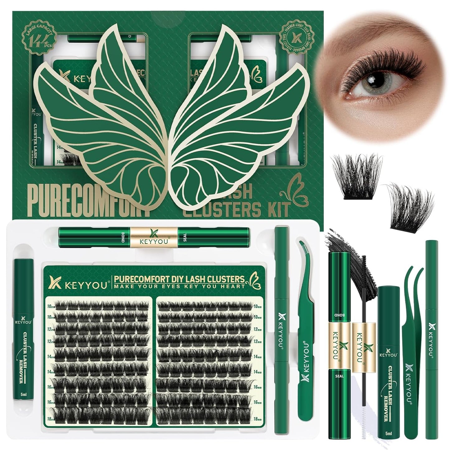 KEYYOU Lash Extension Kit 144pcs Thick Super Soft Lash Clusters,10-18mm D Curl Individual Lashes Kit with Bond and Seal Applicator and Brush Remover Easy to DIY at Home（PC03Kit-D-10-18MIX）