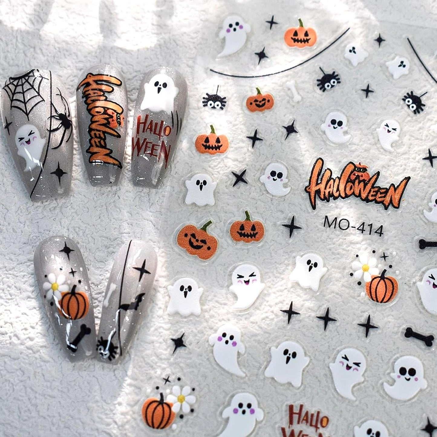 Halloween Nail Stickers Spider Web Pumpkin Spider Bat Stars Design Cute Ghost Nail Art Stickers for Holiday Acrylic DIY Nail Decoration 3 Sheets