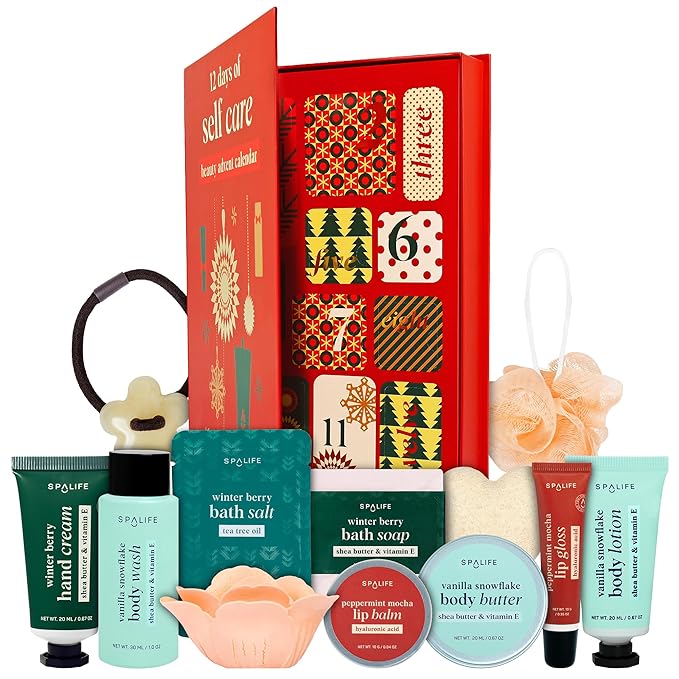 SpaLife Holiday 12-Day Beauty Advent Calendar – Travel-Friendly Skincare – Gift Set – 12 Days of Self-Care Spa Set – Body Care Skin Care – SpaLife Holiday Stocking Stuffer