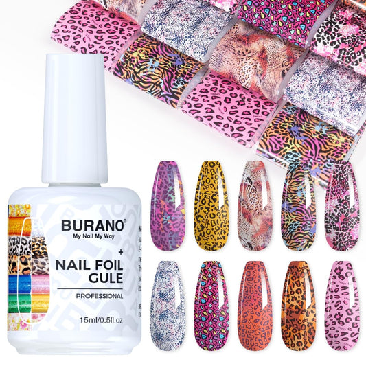 BURANO Nail Art Nail Foil Glue Gel, o.5 oz with 10PCS Foil Stickers Set Nail Foil Glue for Nails Foil Transfer Gel, Nail Design DIY UV LED Lamp Required (Animal Foil 07)