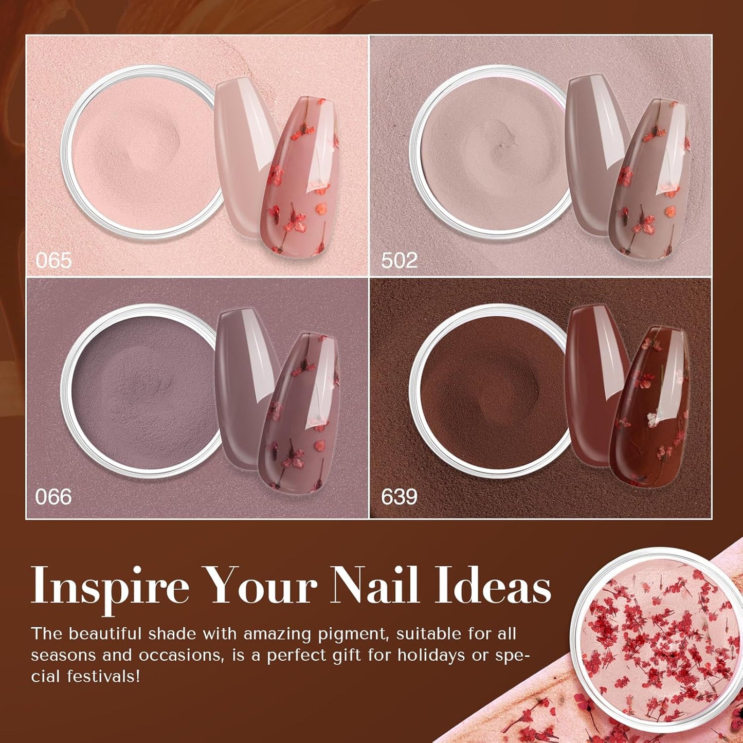 AZUREBEAUTY Dip Powder Nail Kit, 4 Colors Nude Brown with Dried Flower Set, Fall Winter Natural Dipping Powder Starter Liquid Set Recycling Tray with Base & Top Coat Activator ﻿