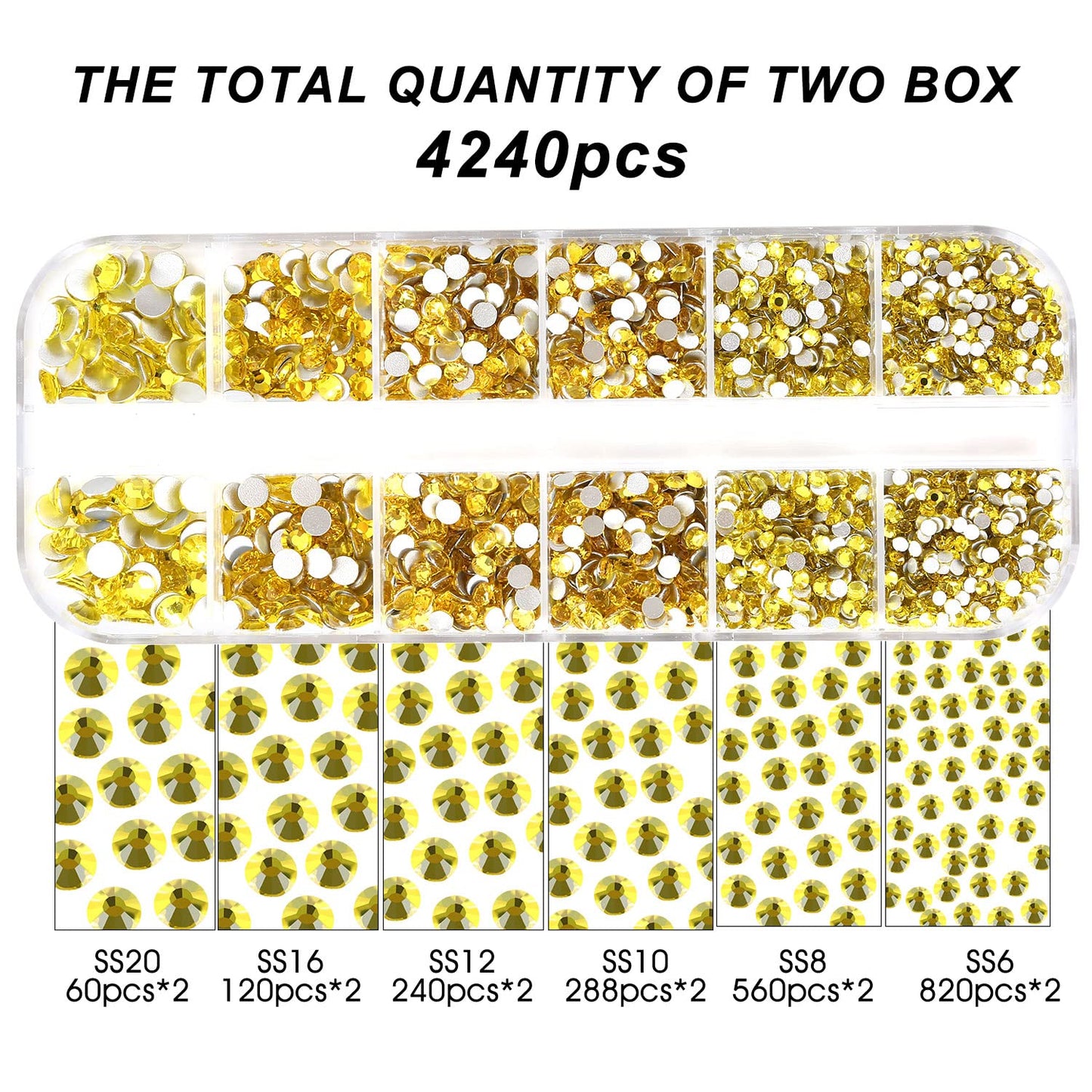 4240Pcs Flatback Yellow Rhinestones Glass Crystal Diamonds for Nail Art Crafts Tumblers Shiny Round with Tweezers and Picking Pen (SS6~SS20 Set)