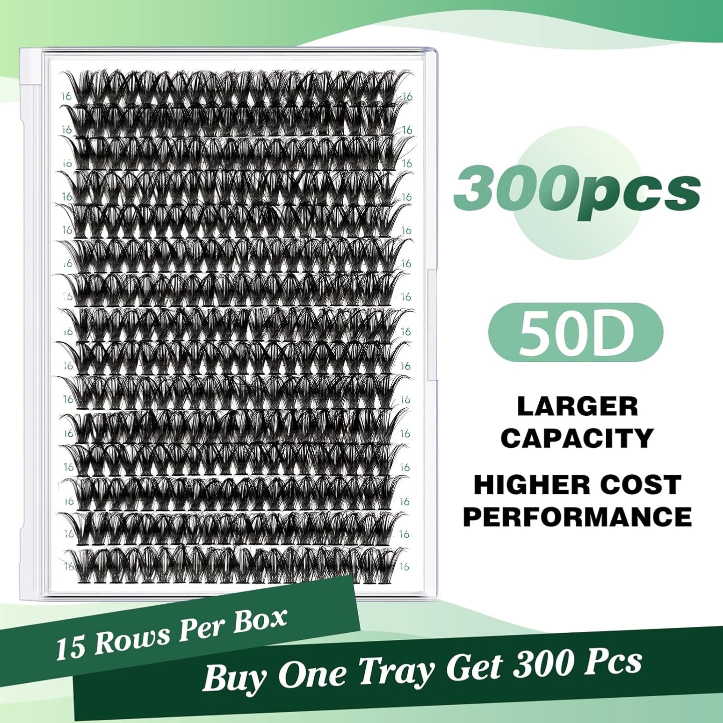 Lash Clusters 300pcs Individual Lashes 50D 0.07D Curl 16mm DIY Eyelash Extension KEYYOU Large Tray Volume Soft&Natural Cluster Lashes(50D-0.07D,16）