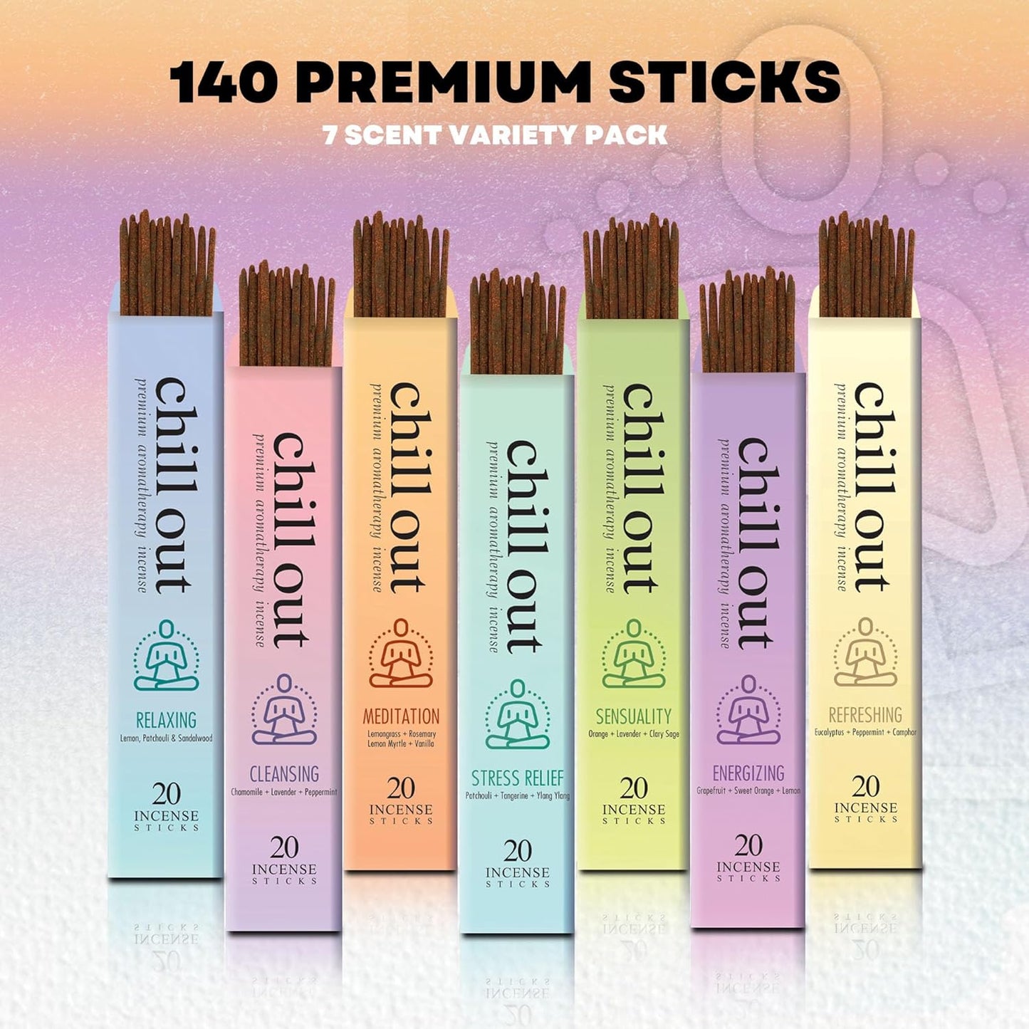 Mecka Chill Out Aromatherapy Incense Sticks Gift Set | Set of 7 Unique Scents- 140 Insence-Sticks for Yoga, Relaxation, Meditation & Positivity | Premium Organic and Slow Burning Insenses