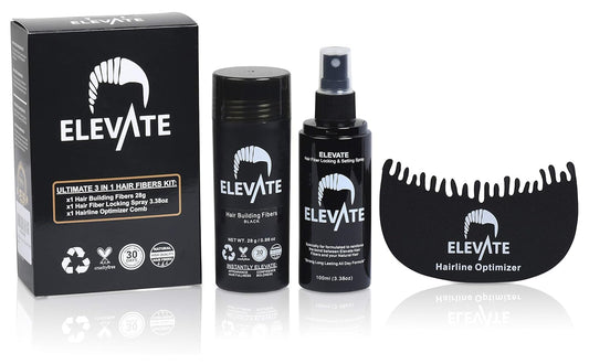 Elevate Hair Building Fibers 3-in-1 Kit for Thinning Hair (Black) Keratin Hair Thickening Powder with Fiber Lock Spray & Hairline Optimizer Comb - Instant Hair Concealer Waterproof for Men & Women