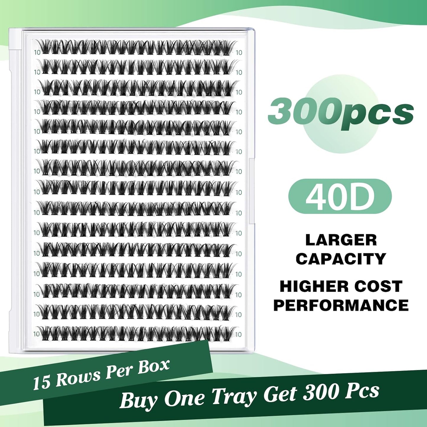 Lash Clusters 300pcs Individual Lashes 40D 0.07D Curl 10mm DIY Eyelash Extension KEYYOU Large Tray Volume Soft&Natural Cluster Lashes(40D-0.07D,10）