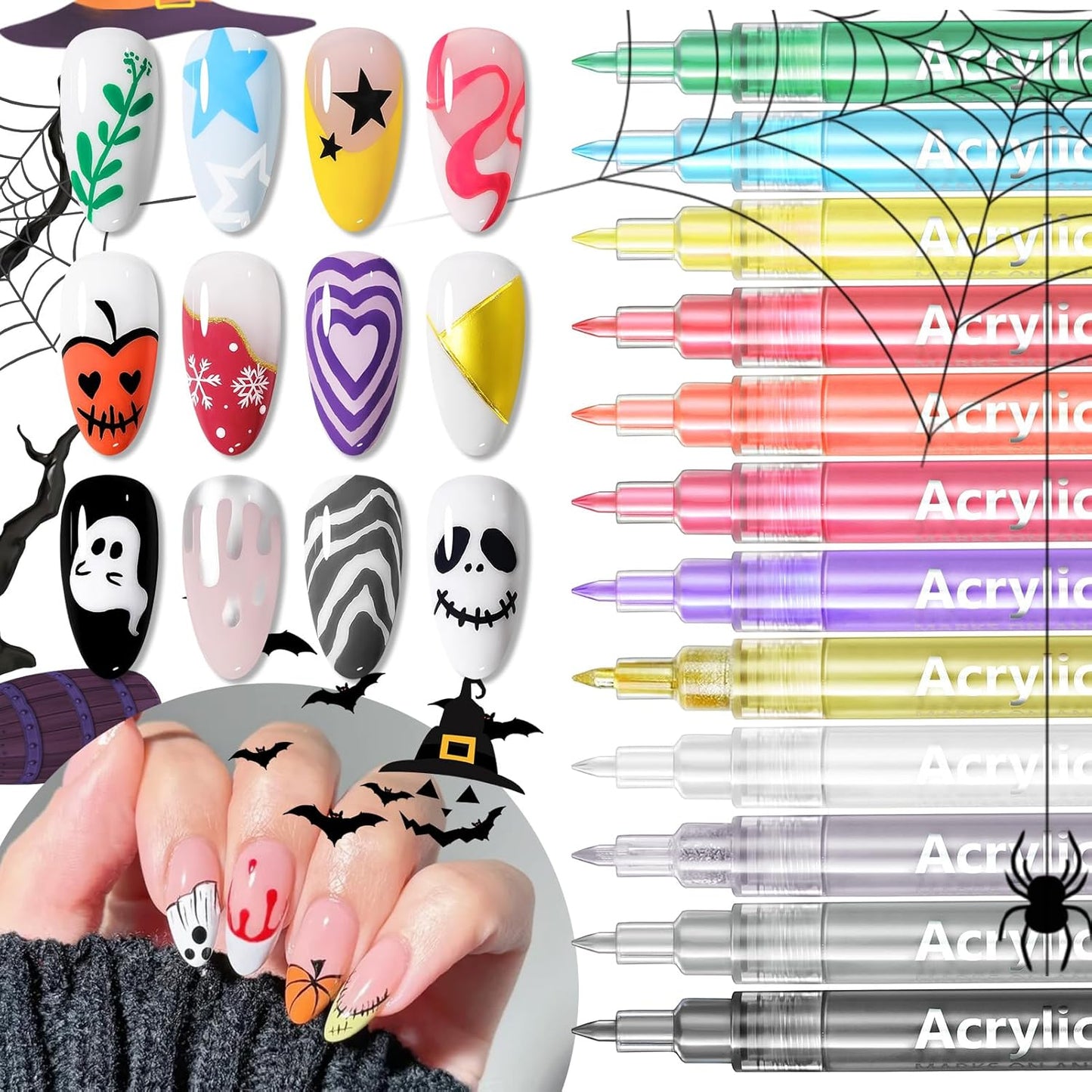 Born Pretty 12 Colors Nail Art Pens Set, Halloween Black White Orange Purple Colors 3D Acrylic Nail Polish Pens Quick Dry Nail Markers for Halloween Drawing Painting Dotting Pen DIY Manicure Tools