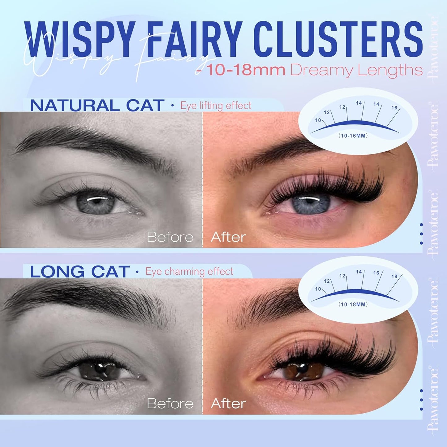 Pawotence Fairy Lash Clusters Manga Eyelash Clusters 10-18mm Wispy Lashes Cluster Eyelash Extensions 144pcs Anime Individual Cluster Lashes Wispy