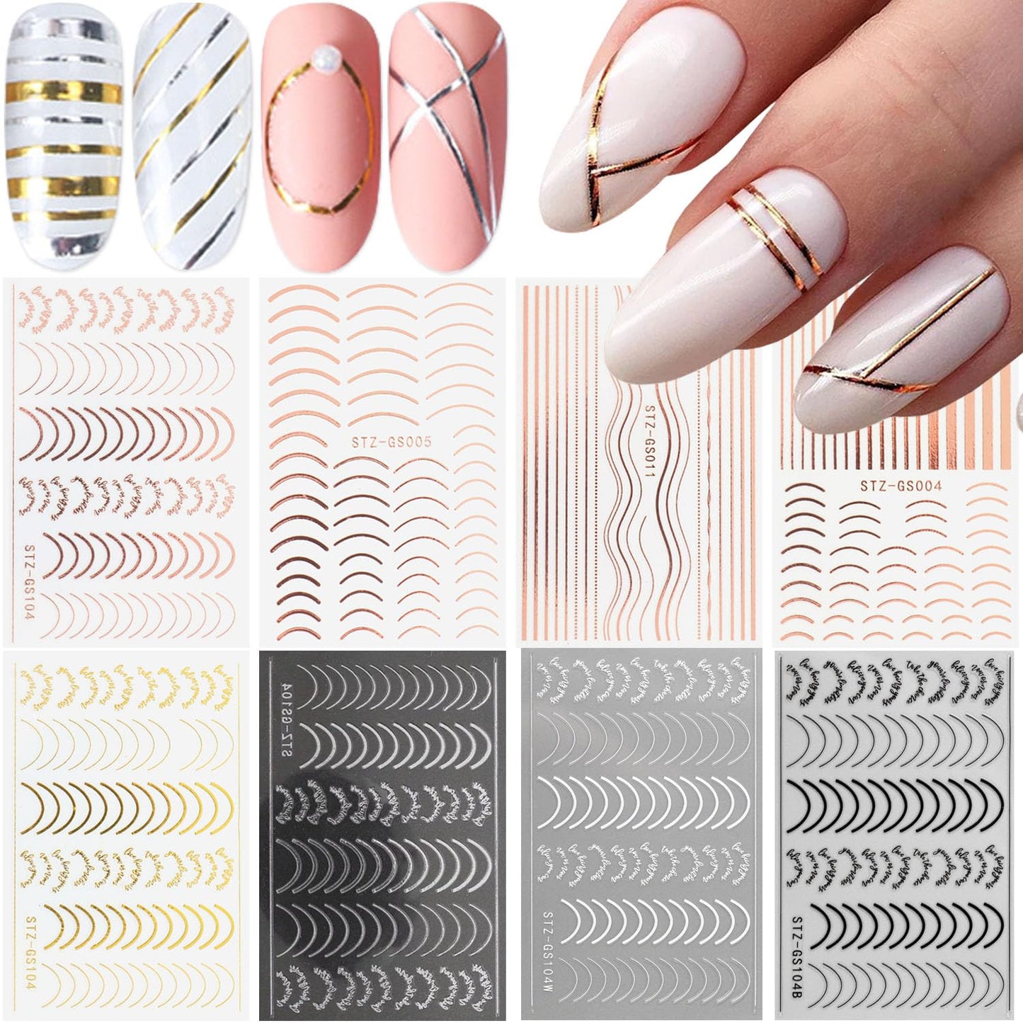 8 Sheets Line Nail Art Stickers Rose Gold Silver Metal Nail Stickers Nail Art Supplies 3D Metallic Curve Stripe Wave Lines Nail Decals French Nail Designs Accessories Striping Tape Wavy Nail Decor