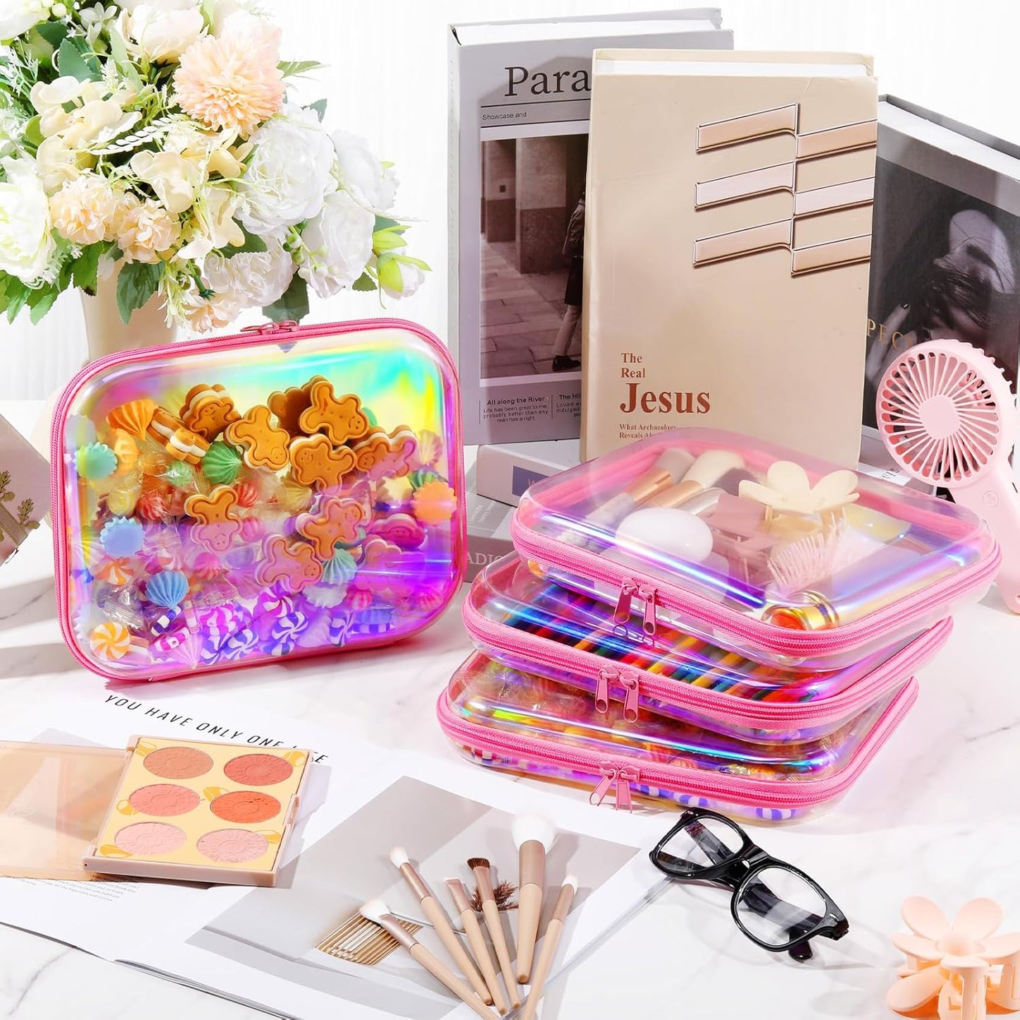 Hoolerry 4 Pcs Hard Clear Zipper Case Makeup Bags Plastic Pencil Pouch Transparent Storage Box Containers for Cosmetics, Snacks, Building Blocks, Puzzles(Pink Laser,9.8 x 7.9 x 2 in)