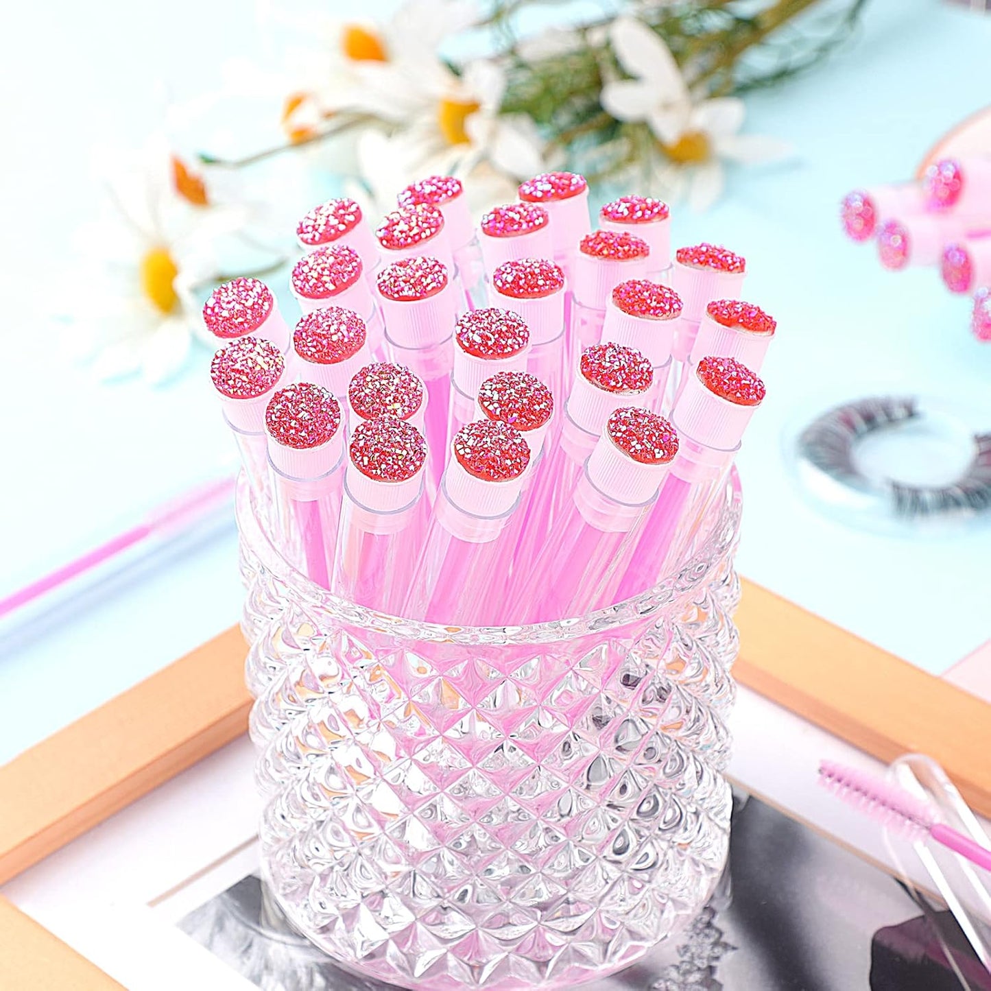 20pcs Eyelash brush Lash Wand Makeup tool Eyelash Extension supplies Cleaning brush Diamond Mascara star d pink