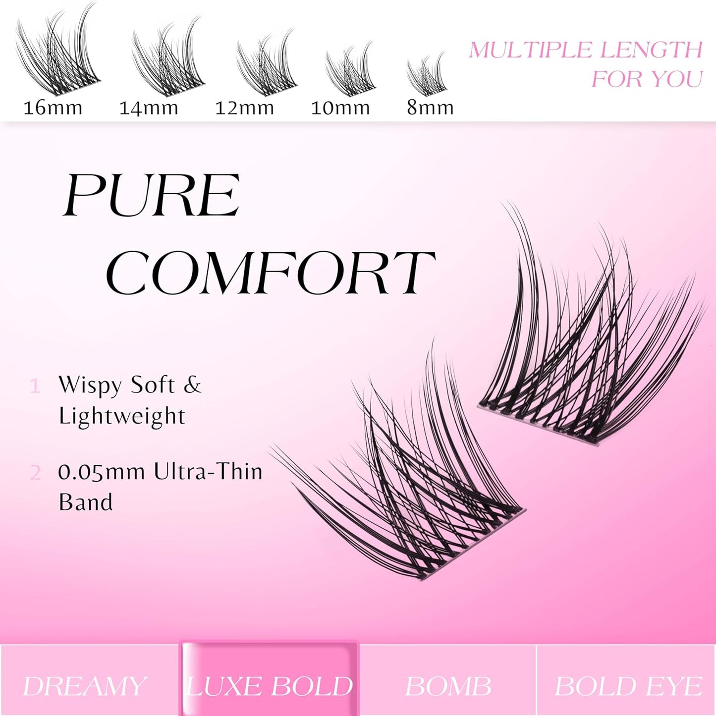 VEYESBEAUTY Lash Clusters Individual Eyelash Extensions Thin & Invisible Band DIY False Eyelashes for Self-application Newbie's Five-Second Series Wispy Lash Tray, LuxeBold 8-16mm Mixed Length