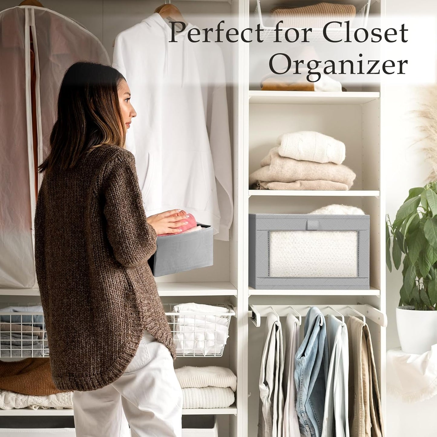 Criusia 4 Pack Linen Closet Organizers and Storage, Closet organizer Large Linen Closet Baskets for Organization, Foldable Storage Containers for Towels, Clothing, Jeans, Books, Shelves,Grey