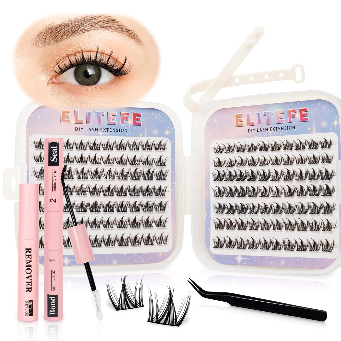 Lash Extension Kit DIY Lash Clusters Kit Eyelash Extensions Individual Lashes Extensions with (Bond,Seal,Tweezers,Remover,140Pcs,Ice Glow,10-14)