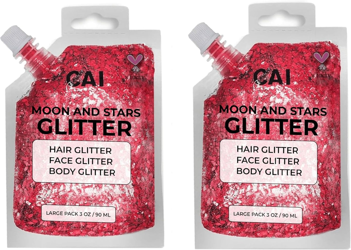 Face, Body & Hair Glitter Gel – Halloween Glitter for Kids and Women – 3 Oz Cosmetic-Grade Gel w/Moon & Stars for Festivals & Halloween Party, Easy Apply & Wash Off - Red 2Pack